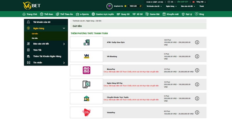 Phương thức thanh toán nạp tiền V9BET đang có